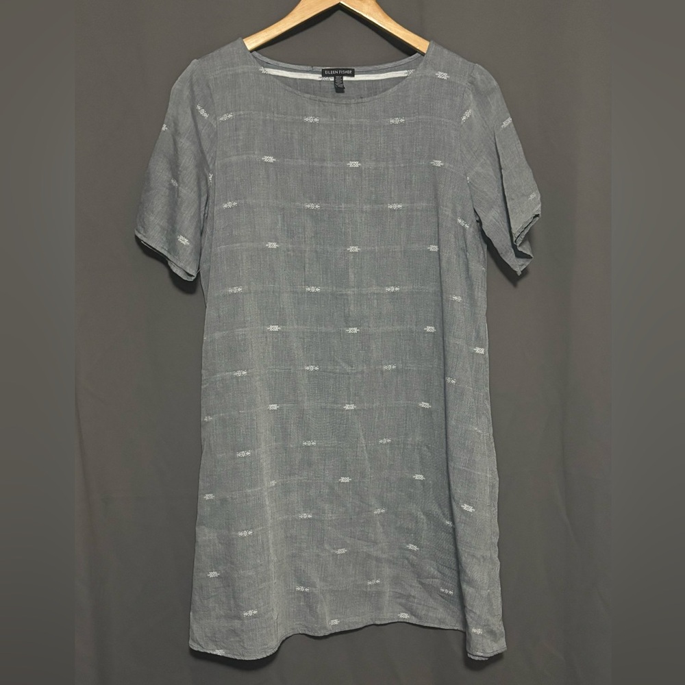 Eileen Fisher Nomadic Stripe with Organic Cotton Gray Chambray Dress - Picture 2 of 4